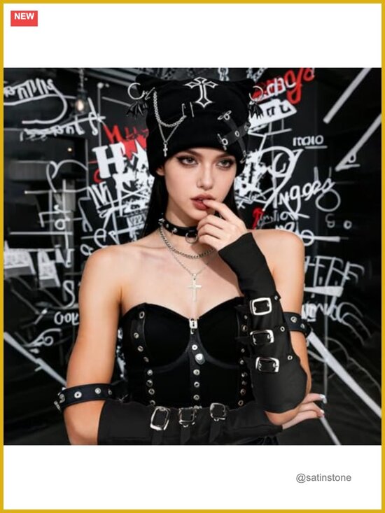 Grunge Cat Ear Beanie Set with Fingerless Gloves and Necklaces main image 5